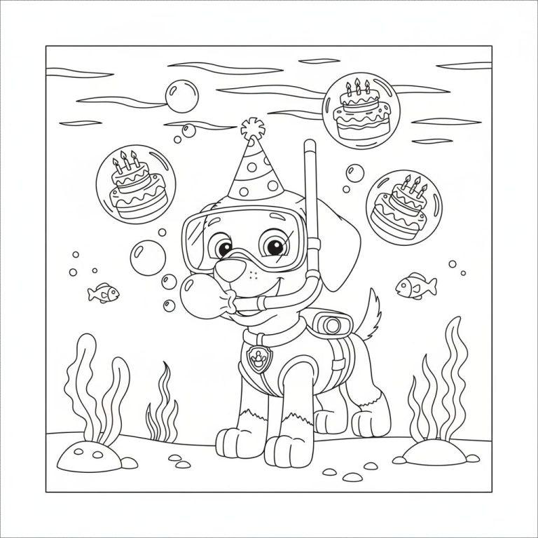 Schwarz-weißes Ausmalbild von Paw Patrols Zuma im Taucheranzug mit Partyhut unter Wasser, umgeben von Geburtstagstorten in Luftblasen und Fischen.