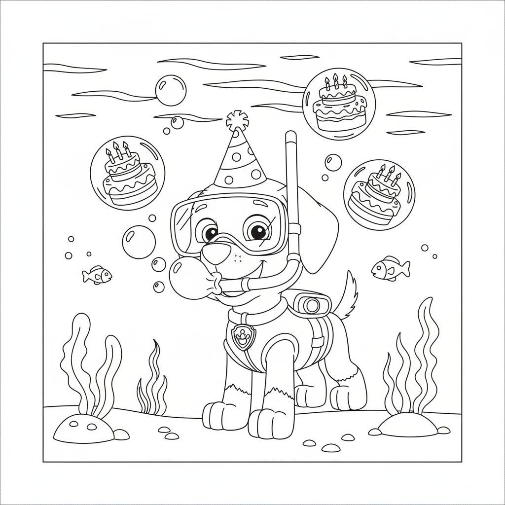 Schwarz-weißes Ausmalbild von Paw Patrols Zuma im Taucheranzug mit Partyhut unter Wasser, umgeben von Geburtstagstorten in Luftblasen und Fischen.