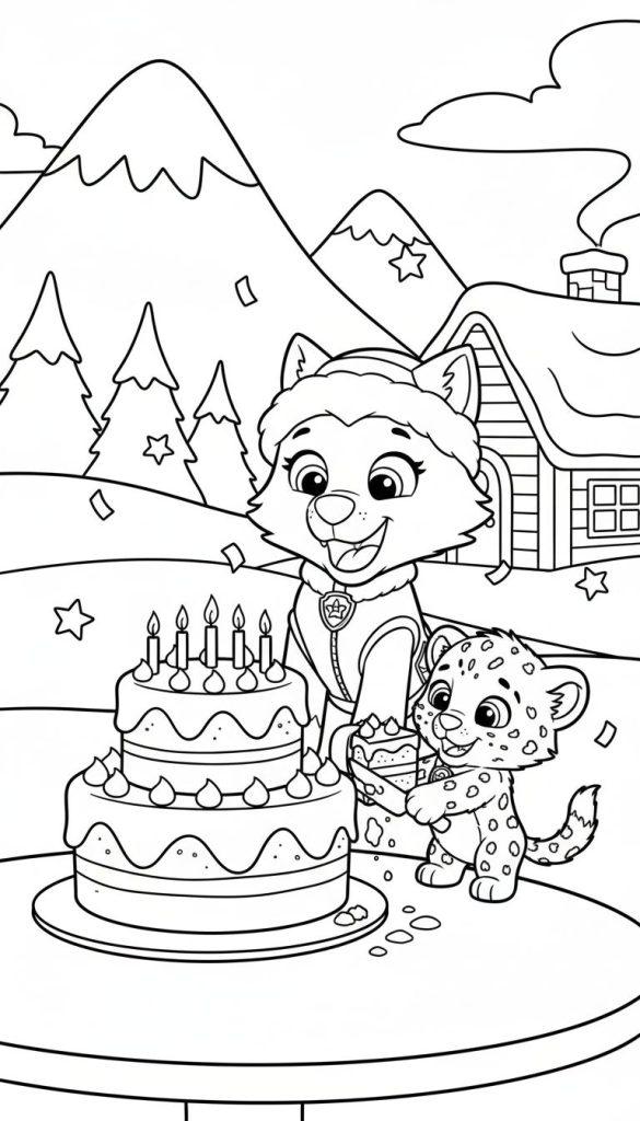 Schwarz-Weiß-Malvorlage von Everest (Paw Patrol) in Winterkleidung, die mit einem lächelnden Welpen und einem Geburtstagskuchen vor einer verschneiten Berglandschaft feiert.