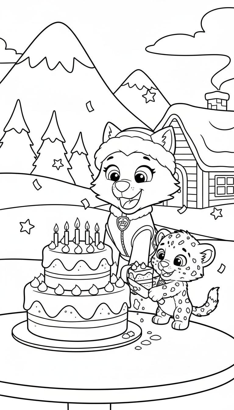 Schwarz-Weiß-Malvorlage von Everest (Paw Patrol) in Winterkleidung, die mit einem lächelnden Welpen und einem Geburtstagskuchen vor einer verschneiten Berglandschaft feiert.