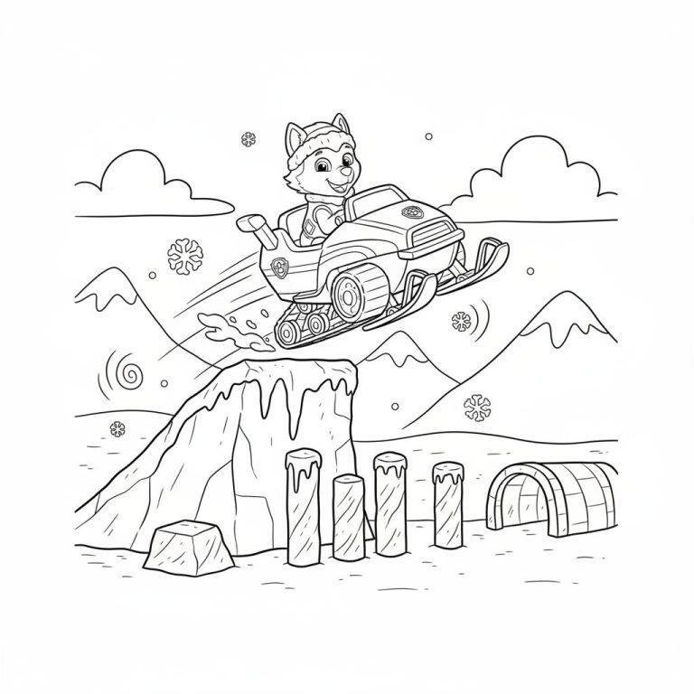 Schwarz-weiß Malvorlage: Everest von Paw Patrol springt mit einem Schneemobil über eine verschneite Klippe, umgeben von Winterlandschaft mit Bergen, Schneeflocken und Eispfählen.