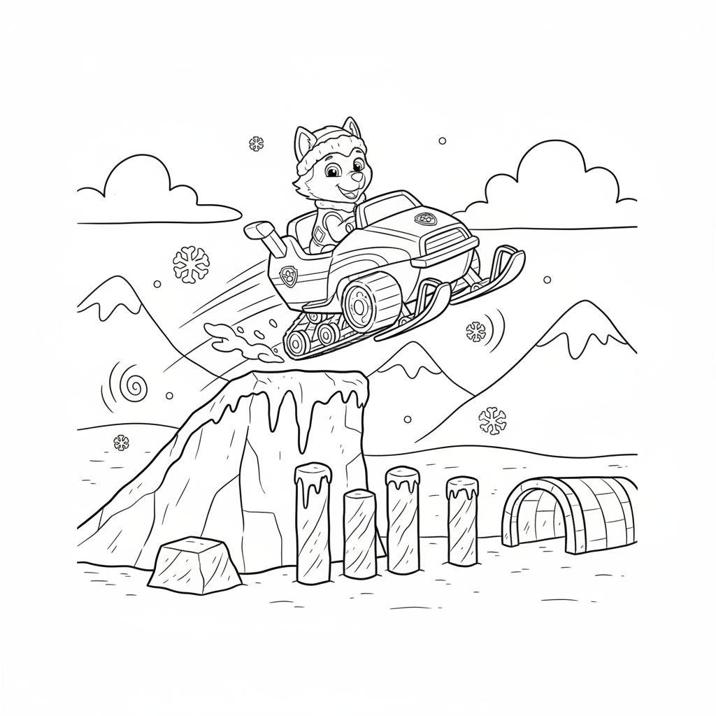 Schwarz-weiß Malvorlage: Everest von Paw Patrol springt mit einem Schneemobil über eine verschneite Klippe, umgeben von Winterlandschaft mit Bergen, Schneeflocken und Eispfählen.