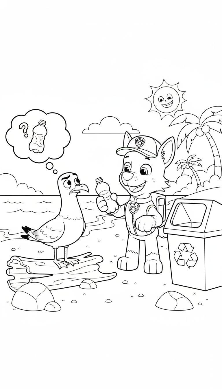 Ausmalbild: Rocky von Paw Patrol zeigt einer besorgten Möwe, wie man eine Plastikflasche am Strand in eine Recyclingtonne wirft. Im Hintergrund sind Meer, Palmen und eine lachende Sonne zu sehen.