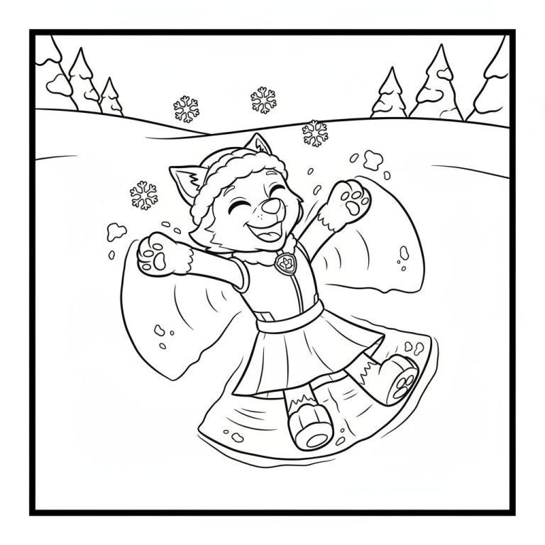 Ausmalseite: Everest, der Husky von Paw Patrol, macht lachend einen Schneeengel im Schnee mit Tannenbäumen im Hintergrund.
