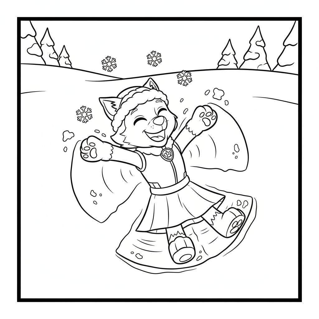 Ausmalseite: Everest, der Husky von Paw Patrol, macht lachend einen Schneeengel im Schnee mit Tannenbäumen im Hintergrund.