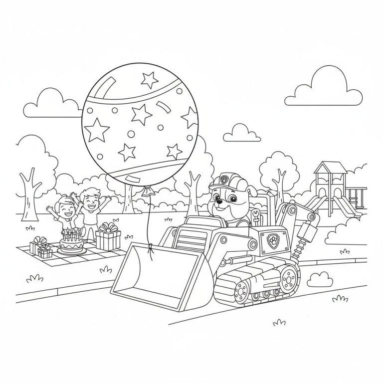Ausmalbild: Rubble von Paw Patrol in einem Bagger bei einer Geburtstagsparty mit zwei Kindern, Kuchen, Geschenken und einem großen Ballon im Park.
