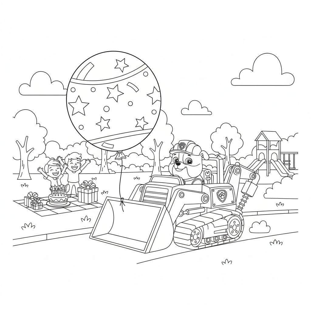 Ausmalbild: Rubble von Paw Patrol in einem Bagger bei einer Geburtstagsparty mit zwei Kindern, Kuchen, Geschenken und einem großen Ballon im Park.