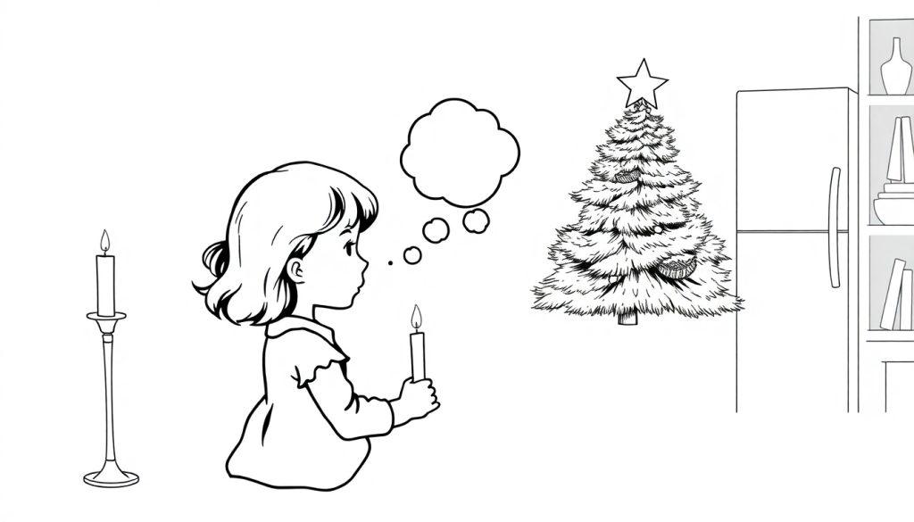 Ausmalseite mit jungem Mädchen, das eine Kerze hält, einem Weihnachtsbaum und einem Regal voller Gegenstände.