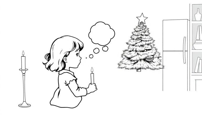 Ausmalseite mit jungem Mädchen, das eine Kerze hält, einem Weihnachtsbaum und einem Regal voller Gegenstände.