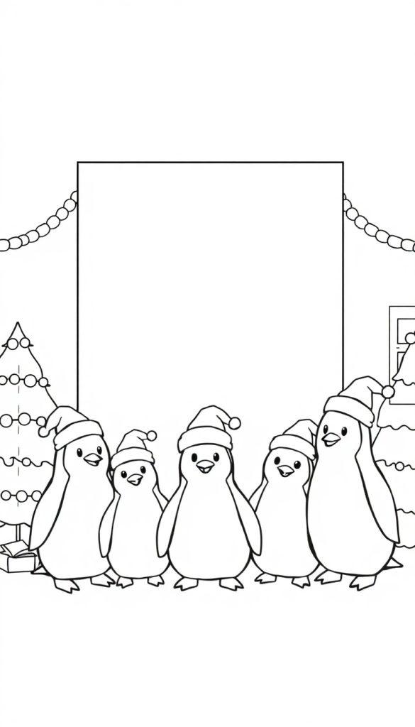 Ausmalbild: Fünf niedliche Pinguine mit Weihnachtsmützen stehen nebeneinander vor zwei Weihnachtsbäumen mit Geschenken am Fuß. Oben ist ein leerer Rahmen mit Lichtergirlande.
