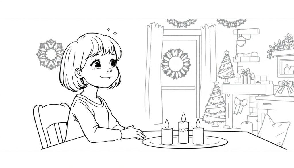 Schwarz-Weiß-Ausmalbild: Ein lächelndes Mädchen sitzt an einem Tisch mit brennenden Kerzen. Im Hintergrund sind ein geschmücktes Fenster, ein Kamin mit Weihnachtsbäumen und Geschenken sowie weitere festliche Dekorationen.