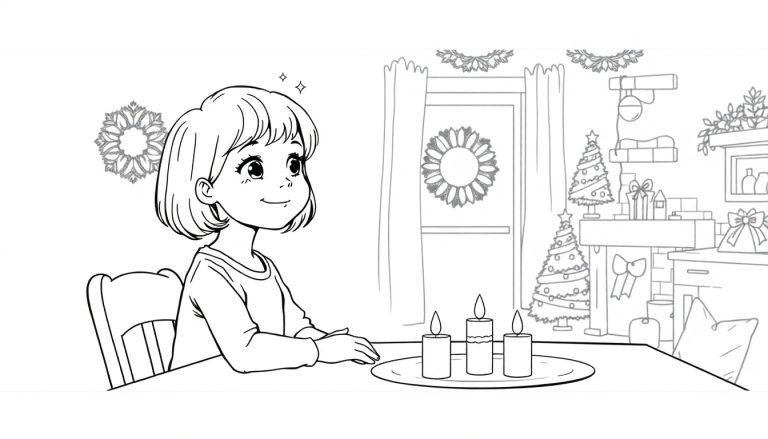 Schwarz-Weiß-Ausmalbild: Ein lächelndes Mädchen sitzt an einem Tisch mit brennenden Kerzen. Im Hintergrund sind ein geschmücktes Fenster, ein Kamin mit Weihnachtsbäumen und Geschenken sowie weitere festliche Dekorationen.