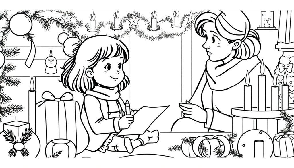 Ausmalbild einer jungen Frau, die einem kleinen Mädchen zusieht, während dieses auf einem Adventskranz und Geschenken sitzend einen Wunschzettel schreibt, umgeben von weihnachtlicher Dekoration.