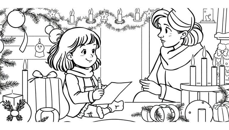 Ausmalbild einer jungen Frau, die einem kleinen Mädchen zusieht, während dieses auf einem Adventskranz und Geschenken sitzend einen Wunschzettel schreibt, umgeben von weihnachtlicher Dekoration.