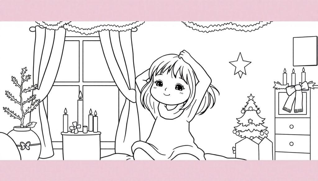 Ausmalbild: Kleines Mädchen mit Lächeln streckt sich im Bett, weihnachtlich dekoriertes Zimmer mit Fenster, Kerzen und Weihnachtsbaum.