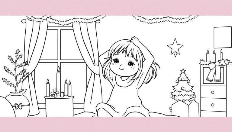 Ausmalbild: Kleines Mädchen mit Lächeln streckt sich im Bett, weihnachtlich dekoriertes Zimmer mit Fenster, Kerzen und Weihnachtsbaum.