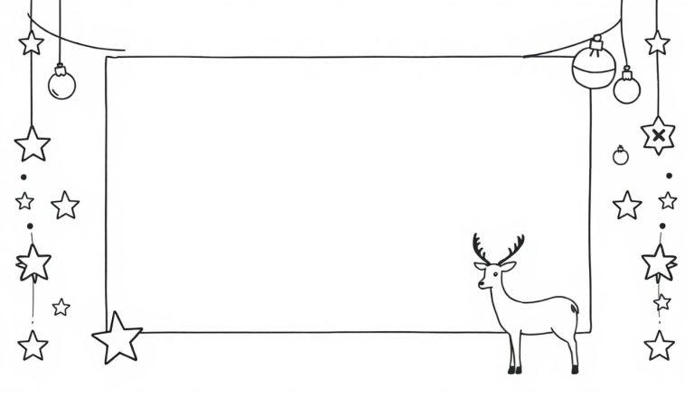 Schwarz-weiße Ausmalseite mit einem großen rechteckigen Rahmen, verziert mit hängenden Sternen, Christbaumkugeln und kleinen Punkten. Unten rechts steht ein stilisierter Hirsch mit Geweih.