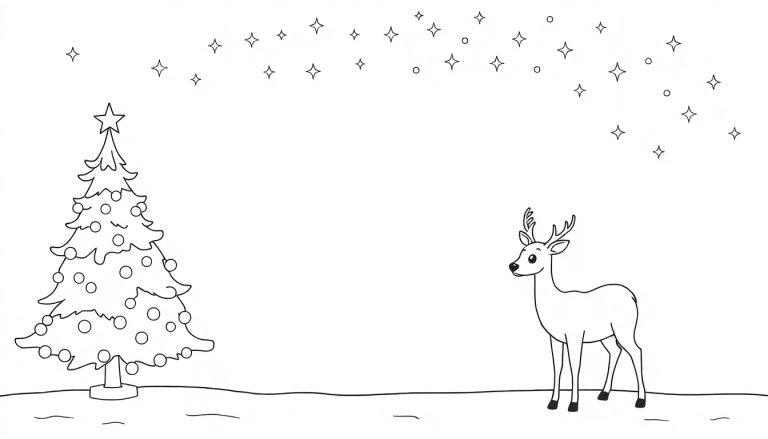 Ausmalbild einer winterlichen Weihnachtsszene mit einem geschmückten Weihnachtsbaum, einem Rentier und Sternen im Himmel.