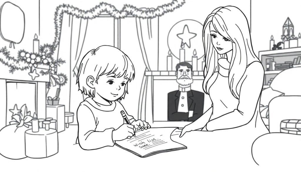 Schwarz-Weiß-Ausmalbild einer festlichen Weihnachtsszene. Ein Kind schreibt links einen Wunschzettel. Eine Frau steht rechts daneben und zeigt auf den Zettel. Ein älterer Mann mit Bart steht im Hintergrund neben einem Kamin. Der Raum ist dekoriert mit Girlanden, Kerzen und Geschenken.