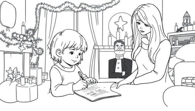 Schwarz-Weiß-Ausmalbild einer festlichen Weihnachtsszene. Ein Kind schreibt links einen Wunschzettel. Eine Frau steht rechts daneben und zeigt auf den Zettel. Ein älterer Mann mit Bart steht im Hintergrund neben einem Kamin. Der Raum ist dekoriert mit Girlanden, Kerzen und Geschenken.