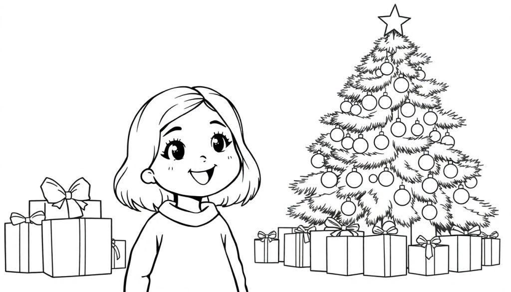 Ausmalbild einer lächelnden jungen Frau mit kurzen Haaren, die vor einem großen, geschmückten Weihnachtsbaum steht. Links und unter dem Baum sind mehrere festlich verpackte Geschenke mit Schleifen zu sehen.