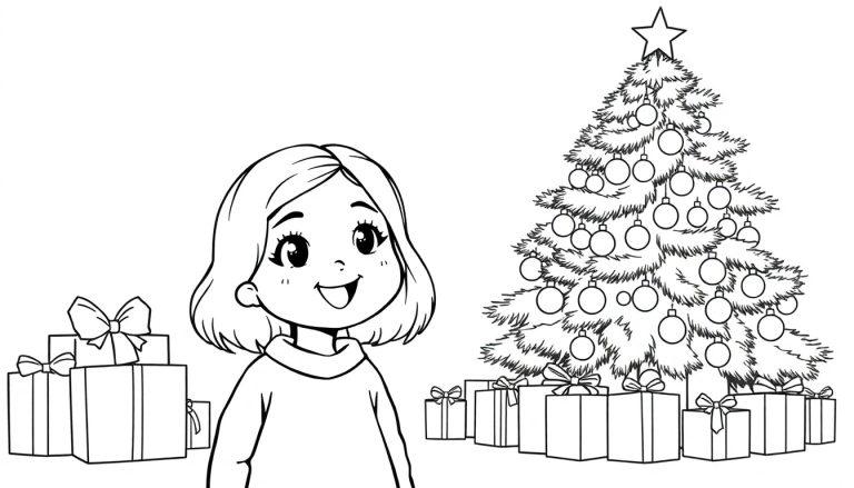 Ausmalbild einer lächelnden jungen Frau mit kurzen Haaren, die vor einem großen, geschmückten Weihnachtsbaum steht. Links und unter dem Baum sind mehrere festlich verpackte Geschenke mit Schleifen zu sehen.