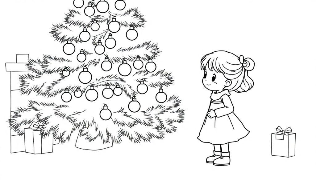 Ausmalbild: Ein großes, geschmücktes Weihnachtsbaum steht links, daneben ein Kamin mit Geschenken. Rechts steht ein lächelndes kleines Mädchen mit hochgesteckten Haaren, daneben ein weiteres Geschenk.