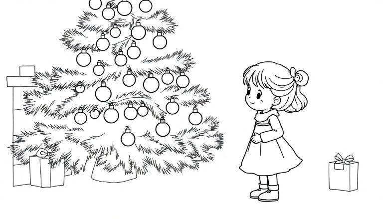 Ausmalbild: Ein großes, geschmücktes Weihnachtsbaum steht links, daneben ein Kamin mit Geschenken. Rechts steht ein lächelndes kleines Mädchen mit hochgesteckten Haaren, daneben ein weiteres Geschenk.