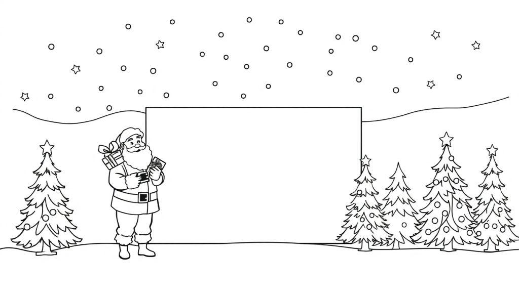 Schwarz-weiße Ausmalvorlage eines freundlichen Weihnachtsmannes mit Geschenken, umgeben von geschmückten Tannenbäumen im Schnee unter einem sternenklaren Himmel mit Schneeflocken.