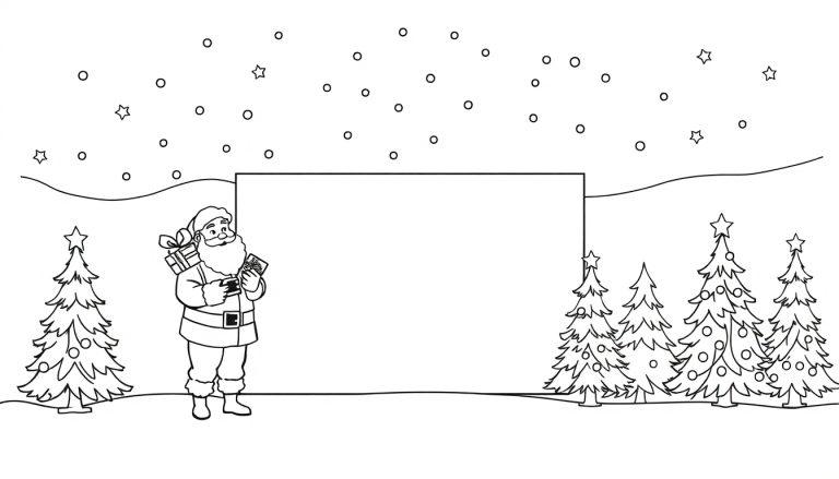 Schwarz-weiße Ausmalvorlage eines freundlichen Weihnachtsmannes mit Geschenken, umgeben von geschmückten Tannenbäumen im Schnee unter einem sternenklaren Himmel mit Schneeflocken.