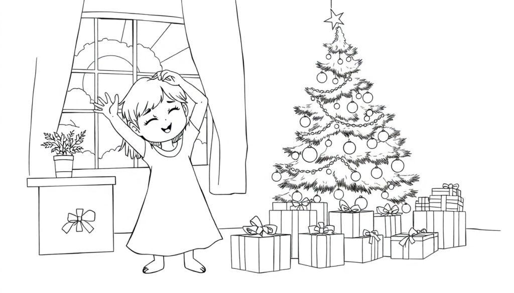 Ausmalbild einer Szene am Weihnachtsmorgen: Ein kleines Mädchen streckt sich freudig am Fenster, während daneben ein üppig geschmückter Weihnachtsbaum mit vielen Geschenken steht.