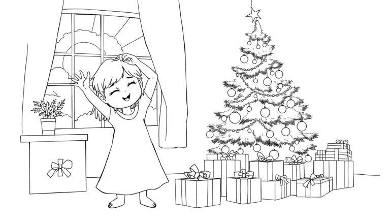 Ausmalbild einer Szene am Weihnachtsmorgen: Ein kleines Mädchen streckt sich freudig am Fenster, während daneben ein üppig geschmückter Weihnachtsbaum mit vielen Geschenken steht.
