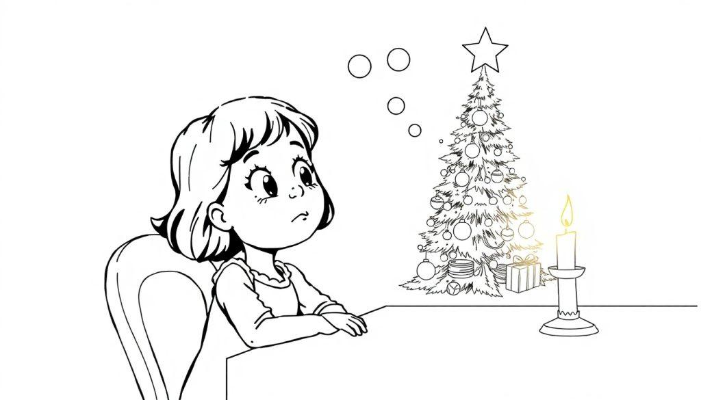 Ausmalbild eines kleinen Mädchens, das nachdenklich zu einem Weihnachtsbaum mit Geschenken und einer Kerze aufschaut, mit Gedankenblasen über ihrem Kopf.