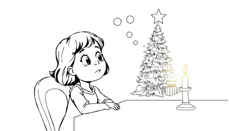 Ausmalbild eines kleinen Mädchens, das nachdenklich zu einem Weihnachtsbaum mit Geschenken und einer Kerze aufschaut, mit Gedankenblasen über ihrem Kopf.