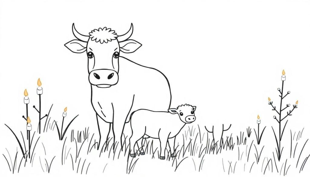 Schwarz-weiße Zeichnung einer Kuh und ihres Kalbes als Ausmalbild. Auf beiden Seiten der Tiere brennen stilisierte Kerzen mit Flammen..