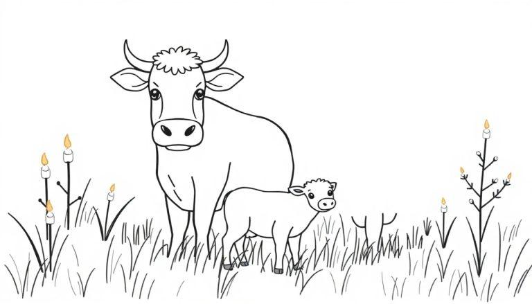 Schwarz-weiße Zeichnung einer Kuh und ihres Kalbes als Ausmalbild. Auf beiden Seiten der Tiere brennen stilisierte Kerzen mit Flammen..