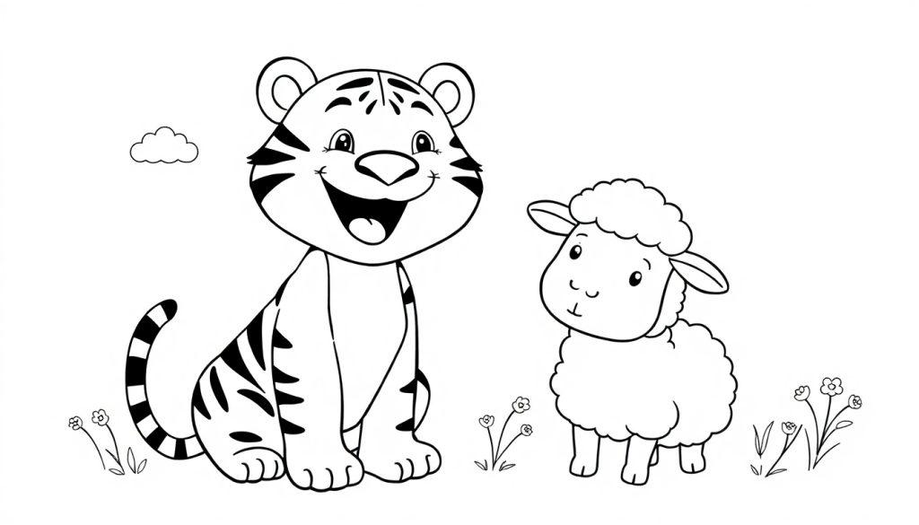 Schwarz-weiße Ausmalzeichnung eines lächelnden Tigers und eines niedlichen Schafs vor einer einfachen Hintergrundkulisse mit Wolke und Blumen.