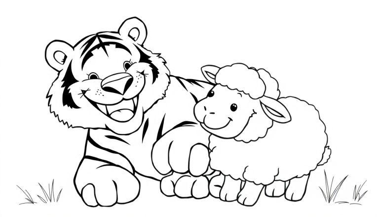 Malvorlage eines lächelnden Tigers, der freundschaftlich seine Pfote auf den Rücken eines kleinen Schafs legt.