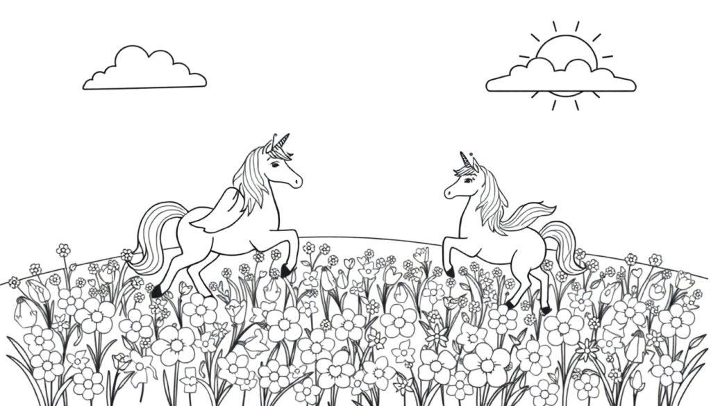 Ausmalbild mit zwei Einhörnern, die über eine bunte Blumenwiese rennen, mit einem geflügelten Einhorn, das durch die Luft fliegt.
