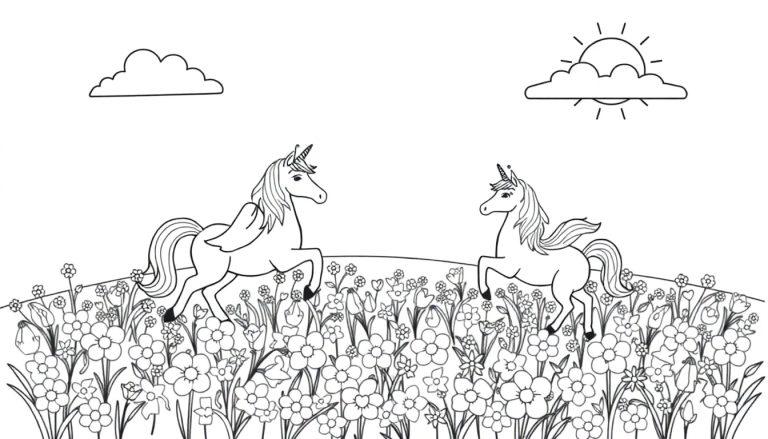 Ausmalbild mit zwei Einhörnern, die über eine bunte Blumenwiese rennen, mit einem geflügelten Einhorn, das durch die Luft fliegt.
