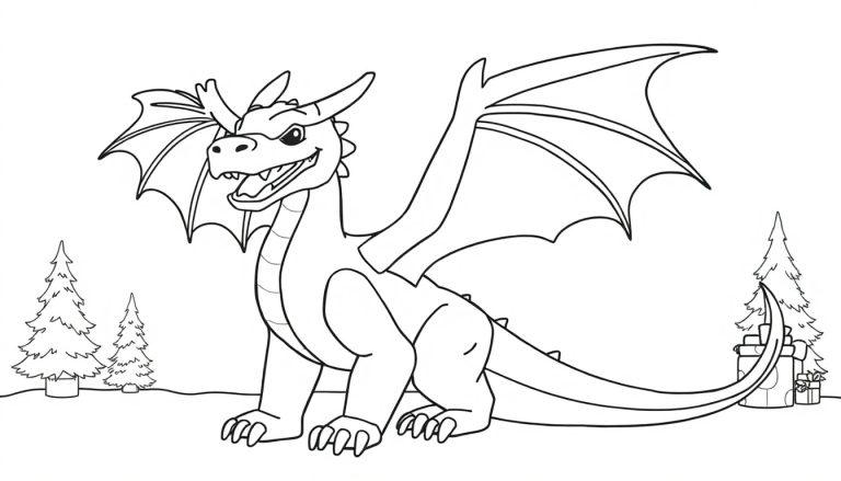 Ausmalbild eines freundlichen Drachen mit Flügeln und Hörnern, der inmitten von Tannenbäumen und Geschenken sitzt, mit verschneitem Boden.