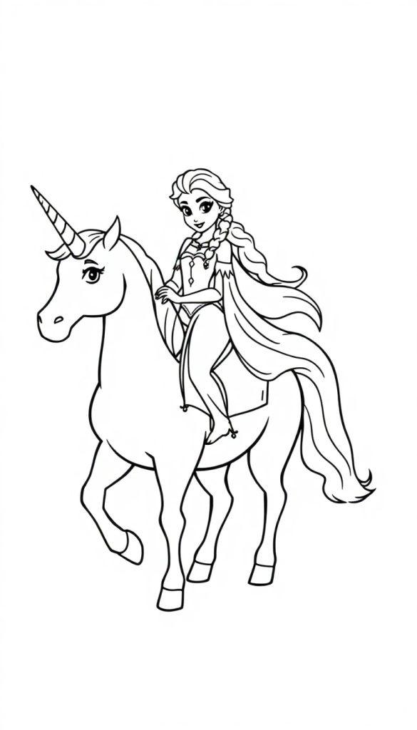 Malvorlage von Elsa aus Die Eiskönigin auf einem Einhorn.