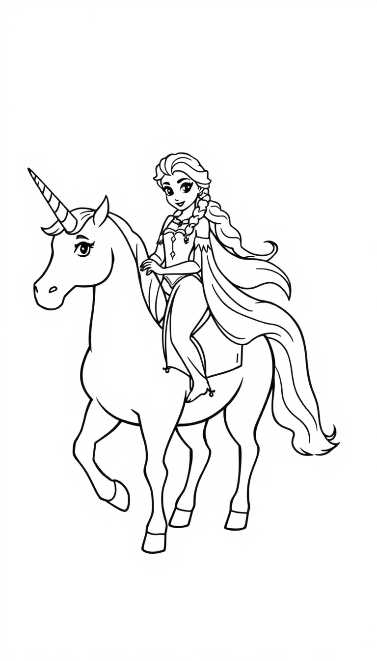 Malvorlage von Elsa aus Die Eiskönigin auf einem Einhorn.
