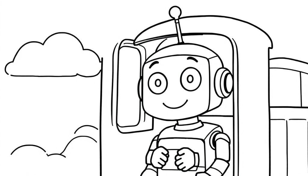 Malvorlage: Ein lächelnder Roboter mit großen Augen sitzt in einem Raumschiff-Cockpit, Wolken sind im Hintergrund zu sehen.