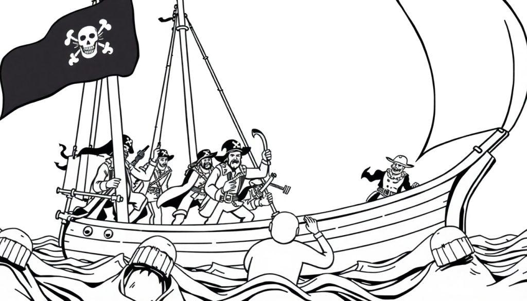 Schwarz-Weiß-Ausmalbild eines Segelschiffs, das von Piraten geentert wird, mit Personen, die im Wasser um ihr Leben kämpfen.