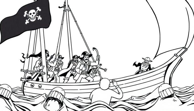 Schwarz-Weiß-Ausmalbild eines Segelschiffs, das von Piraten geentert wird, mit Personen, die im Wasser um ihr Leben kämpfen.