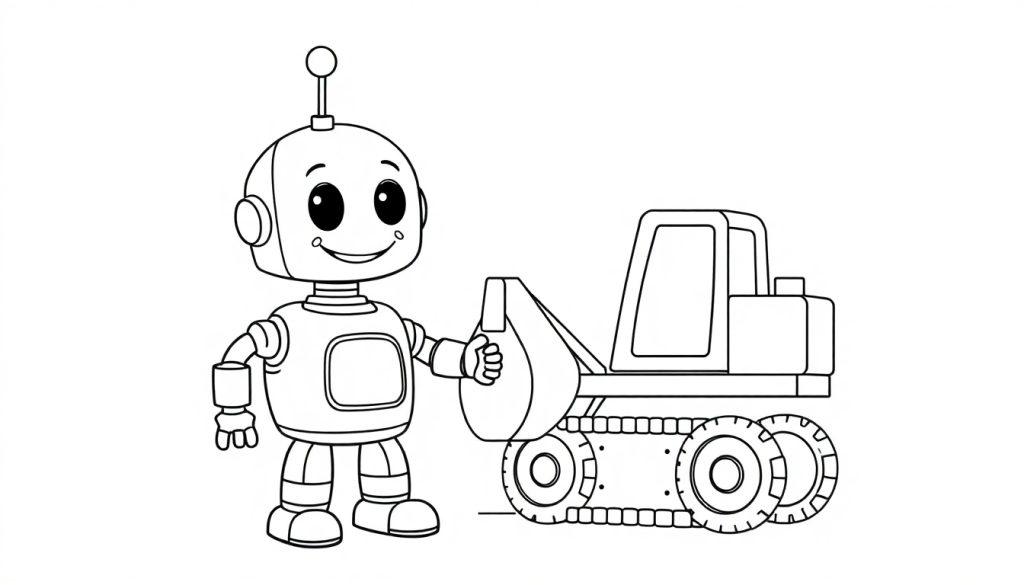 Ausmalbild eines freundlichen Roboters, der mit der Schaufel eines kleinen Baggers spielt.