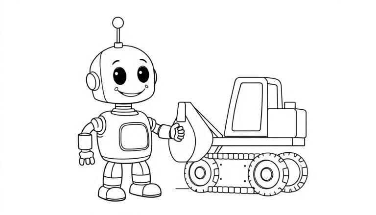 Ausmalbild eines freundlichen Roboters, der mit der Schaufel eines kleinen Baggers spielt.