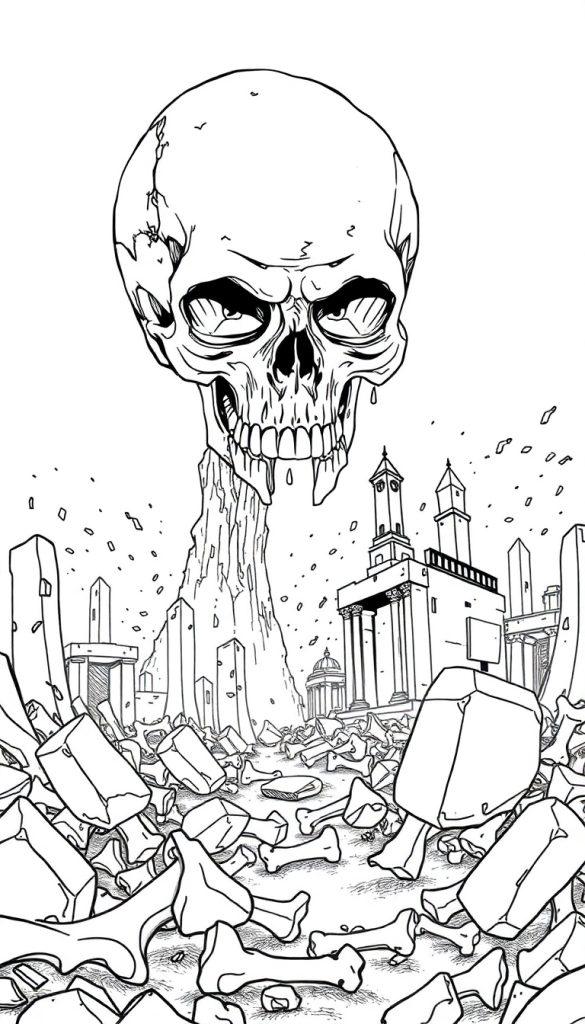 Ausmalseite: Ein riesiger, bedrohlicher Totenkopf schwebt über einer zerstörten Stadt. Im Vordergrund liegen Knochen und Trümmer. Schwarz-Weiß-Linienkunst.