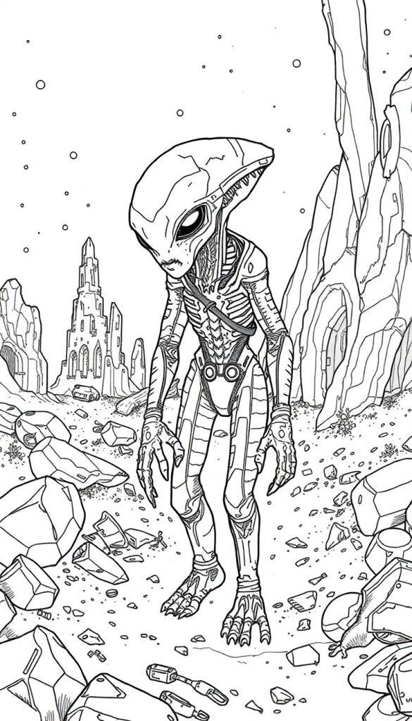 Ausmalbild eines schlanken, zweibeinigen Aliens mit langem Kopf und mechanischen Details in einer felsigen Mondlandschaft mit Ruinen im Hintergrund.